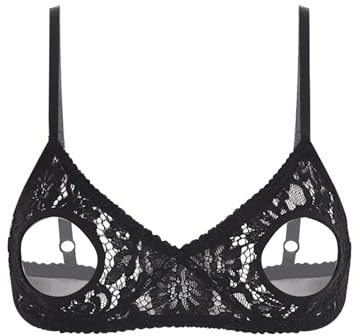 Freebily Damen BH Offene Nippel Brüste Spitze Dessous Bügellos Brustfreie Oberteile Open Cup Lace Lingerie Unterwäsche S-5XL Schwarz XXL
