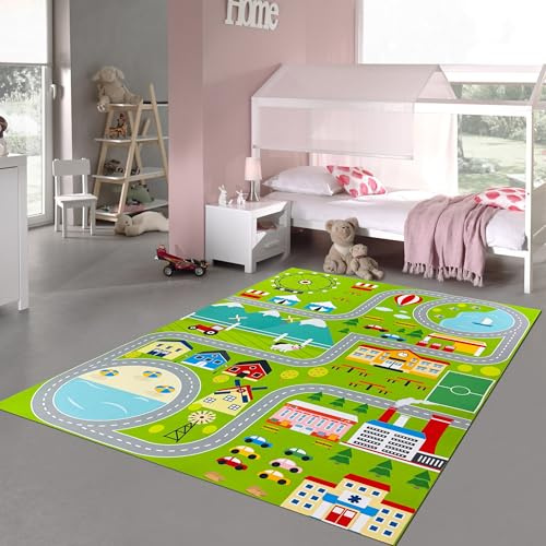Teppich-Traum Kinderteppich Stadtmotiv Straßen Häuser Grün 120x160 cm | Pflegeleicht, rutschfest, strapazierfähig, hautsympathisch und schadstofffrei, mit Straßen, Häusern, Parks und Verkehr