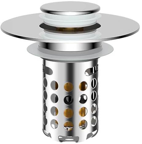 Bathroom Sink Stopper with Pop Up Design, Universal Sink Drain Strainer with Removable Stainless Steel Basket, Brass Core, Chrome, Anti-Clog Sink Drain Stopper for Hair & Debris, Fits 1.1-2.36 Basin
