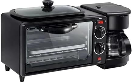 3-in-1 Breakfast maker station, Non‑Stick Grill Machine, multifunctional breakfast machine with Coffee Maker, Toaster Oven, Frying Pan for Apartments Kitchen (Black)