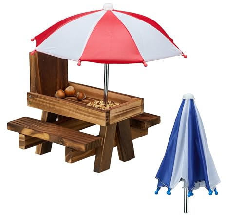 Relaxdays bord, trä, ekorrbänk med 2 paraplyer, picknickbord för hängande ekorrbord, mörkbrunt, 1 styck