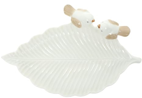 KOMBIUDA Vassoio Porta Gioielli Organizer Delicato per Anelli e Accessori in Ceramica Bianco Design a Forma di Volatile su Foglia come Prop Fotografico per Casa e Veranda