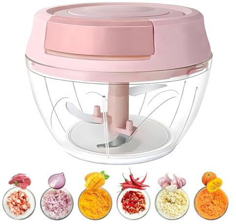 Ruayia manuell lökskärare, grönsaksskärare manuell med rostfria knivar, multiskärare med lock, grönsakslökshackare för grönsaker, frukt, lök, nötter, vitlök - Rosa