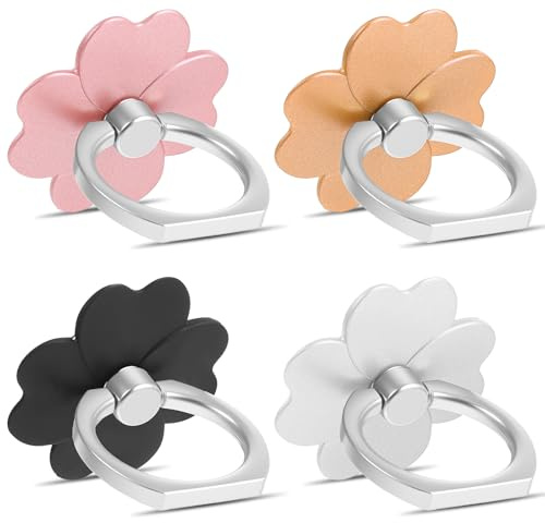 Ymapinc 4Pcs Cell Phone Ring Stand, Foldable Flower Finger Phone Holder Grip Socket Ring, 180° Angle Adjustable Socket for Back of Phones, Gold+Silver+Rose Gold+Black