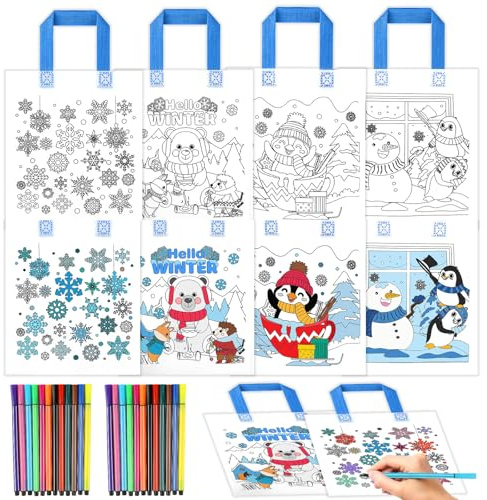 HOWAF 12 Weihnachten Stoffbeutel zum Bemalen, Weihnachtstüten Schneeflocken Tüten Non-Woven Taschen zum Bemalen & 24 Farbe Buntstifte für Basteln Weihnachten Kinder, Frozen Geschenke Weihnachtsdeko