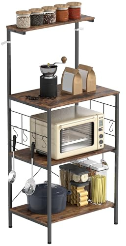 HOMCOM Küchenregal mit 8 Haken, 2 Ablagen Rustikal-Braun 60 x 42 x 134,5 cm | Küchen-Organizer, Arbeitsplatte, Metallrahmen, Standregal, Gewürzregal