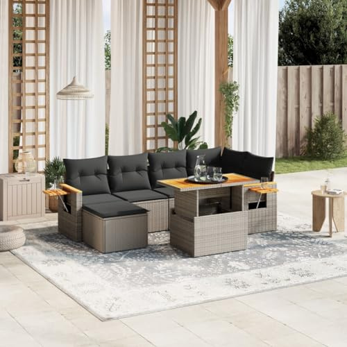 QJBSAVVA Ensemble de 7 meubles de jardin en rotin synthétique - Gris - 100 x 55 cm - Table à manger réglable - Groupe de sièges modulaires pour balcon, terrasse, salon de jardin - Matériau robuste