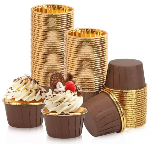 Cupcake Cases, 150 PCS Foil Metallic Cupcake, Cake Muffin Liners Greaseproof Foil Baking Cups Paper Wrappers Greaseproof Cup for Birthday Wedding Party (Coffee Brown)