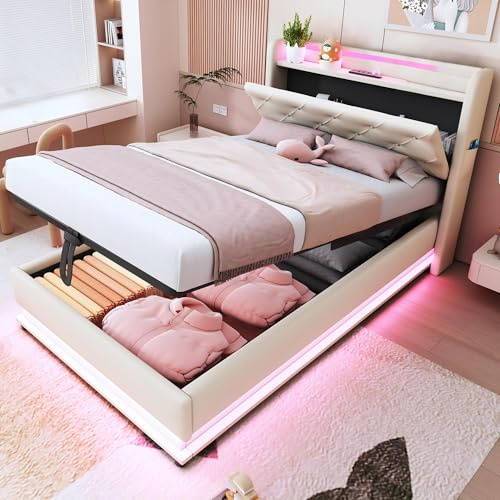 Ktipm Cama Tapizada Cama Infantil 90x200 cm con Luz LED y USB, Camas Juveniles Individual con Cabecero Reversible y Almacenamiento Hidráulico, Estructura Camas Individuales, Lino, Sin Colchón, Beige