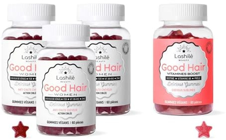 Lashilé Beauty - Complément Alimentaire - Anti-chute, croissance et fortification cheveux - Coffret Exclusive 3 Good Hair women et 1 Hair - Biotine, Fer, Zinc, MSM, B12 - Cure 3 Mois - 240 Gummies