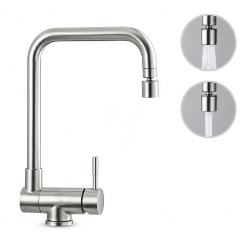 Grifo de Cocina Abatible Bajo Ventana, Triple Rotación (360° Frontal y Lateral), Acero Inoxidable 304 Reforzado Anticorrosión (Cepillado, 2 Modos)