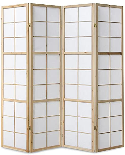 Homestyle4u 167, Paravent Raumteiler Innen Holz 4 teilig Natur Raumtrenner Sichtschutz Trennwand freistehend Reispapier Weiß