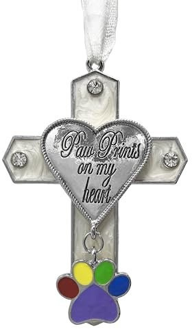 Banberry Designs Empreintes de Pattes sur Mon Cœur Croix Strass Ornement funéraire avec Pattes Charm 7,6 cm H