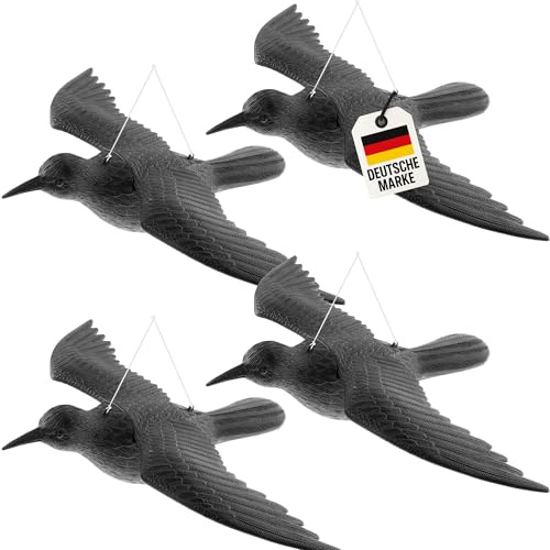 4X WELLGRO Vogelschreck Krähe – Raben Attrappe zur Vogelabwehr & Taubenabwehr – fliegend – schwarz, Kunststoff – für Balkon & Garten