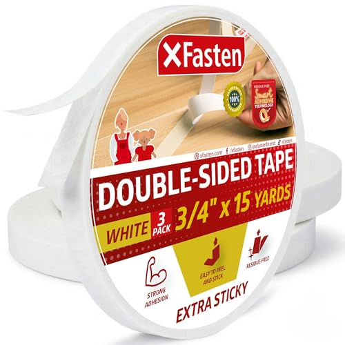 XFasten Extra Strength Double-Sided Tape, White, 3/4-Inch x 15-Yard (Pack of 3) - Extra Sticky for Heavy Duty Bonding (15 Yards per Roll)