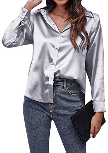 OMZIN Mujeres Camisa Manga Larga Boton Seda Satinada Camisa Casual Suelta Top Gris XL