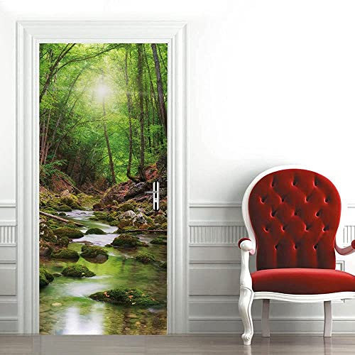 Adesivi Per Porte Interne Autoadesive 3D Fai-Da-Te- Bellissimo Scenario Del Fiume Forestale 90 X 200 Cm -Peel And Stick 2Pc Decalcomanie Da Muro Per Porta Murales Pvc Impermeabile Porta Rimovibile Ca
