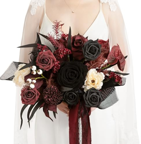 Ling's moment Black and Burgundy Wedding Bouquets for Bride, Gothic Bridal Bouquets for Bride, 13 Inch Free Form Artificial Wedding Flower Bouquet