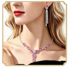 Dishowme Crystal Bridal Jewelry Set Rhinestone Pendant Necklace Earrings Marquise Chain Wedding Jewelry Set for Women Girls Teens (Pink)