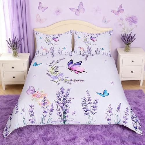 Manfei Lavender Duvet Cover Set Double Size, Purple Flower Butterfly Bedding Set 3pcs for Kids Boys Girls Room Decor, Botanical Floral Print Comforter Cover Wild Plants Quilt Cover with 2 Pillowcases