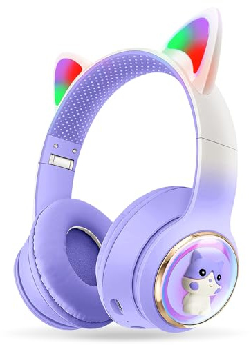 AXFEE Auriculares Inalámbricos para Niños, Auriculares con Orejas de con Luz Led, Auriculares Plegables para Niños con Micrófono, para Móvil/Tableta Regalo de Cumpleaños/Navidad(Púrpura