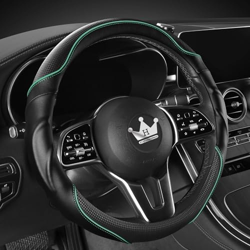 HighnessHwoo 3D Auto Lenkradabdeckung Lenkradbezug Komfortgriff Massage Sportlich Arutschfest Karbonfaser Kunstleder für F150, Jeep, Van, Universelle Passform, Auto Griff Abdeckungen, 39-41cm, Grün