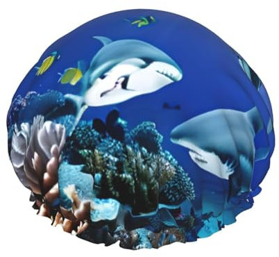 Hai schwimmen unter dem Meer Duschhaube für Frauen, wiederverwendbare Duschhaube, wasserdichte Badekappe für Frauen, langes Haar
