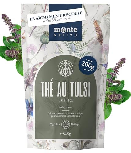 Thé de Basilic Sacré Monte Nativo (200g) - Tulsi - Holy Basil infusion vrac - 100% pur et naturel, sans additifs - Herbes à l'arôme intense pour la préparation d'une délicieuse tasse de tisane