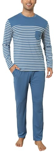 Aseniza Pyjama Homme Hiver Ensembles de Pyjama Coton à Chauds Manches Longues Col Rond Rayé Vêtements De Nuit Tenues de Nuit Vêtements de Détente Doux Loungewear Confortable Bleu Ciel L
