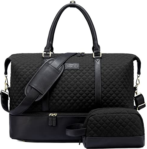Sucipi Reisetasche Damen, Weekender Handgepäck Tasche, Kliniktasche Geburt Mommy Bag, Wasserdicht Sporttasche Groß, Travel Duffle Bag mit Schuhfach & Nassfach für Flugzeug Reise Gym Camping, Schwarz