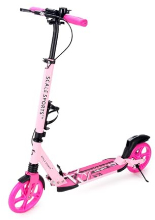Scale Sports - Monopattino pieghevole per adulti fino a 100 kg, ragazzi e bambini dai 7 anni in su, con freno a mano e a disco, monopattino leggero con tracolla (rosa)