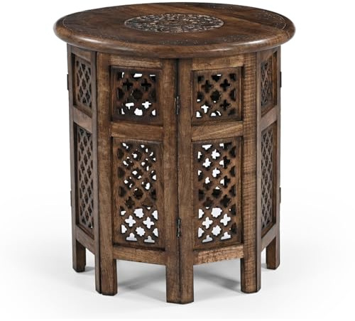 iAnanas Handgeschnitzter runder Beistelltisch mit orientalischer Mangoholz rustikaler Vintage Look ideal als Dekoration Nachttisch Wohnzimmer stabil & langlebig künstlerische Schnitzmuster 45x45x45cm