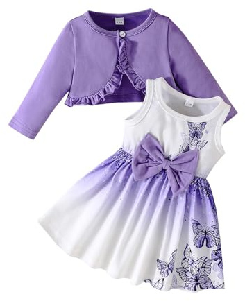 Ensemble de robe et de cardigan pour filles papillon cœur fleuri sans manches, robe d'été à col ras du cou, manteau à volants uni, tenue pour bébé et tout-petit, fille, automne printemps, violet, 18