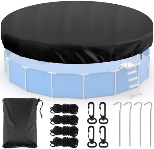 Fyeme Poolabdeckung Rund 366cm Poolplane Rund 210d Oxford Gewebe mit 4 Nägel 4 Zugseile 4 Haken UV-Schutz Winddicht Abdeckplane Pool für Trampoline Schwimmbecken Springbrunnen Haustierpools (366CM)