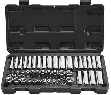 VEVOR Juego de Vasos de 6,4 mm, SAE y Métricos, Profundos y Estándar, para Mecánicos con Estuche, Acero de Aleación CR-V Cromado, para Reparación de Automóviles, 46 Piezas, 283 x 144 x 45 mm | CR-V, SAE y tamaño métrico, profundo y estándar, juego de herramientas mecánicas con estuche de almacenamiento