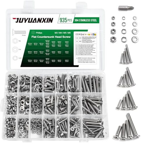 935 Pcs M3 M4 M5 M6 Screws Set, M3 M4 M5 M6 Bolts and Nuts Set, Stainless Steel Machine Screws Assorted Nuts and Bolts Sets, Phillips Countersunk Flat Head Screwsset, Nut and Bolt Assortment