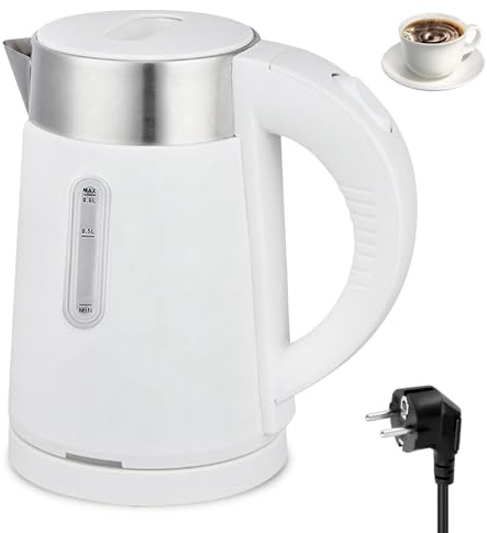 GOEDCH 0.8L Reisekessel Edelstahl: Kleiner Wasserkocher, Doppelwandiges Design, Reise Wasserkocher, Leise Teekanne für Zuhause und unterwegs, 600W, Europäischer Stecker, Automatische Abschaltung