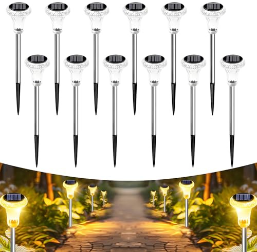 Anmossi Luces Solares Exterior Jardin,12 Piezas LED Lámpara de Camino,3000K Cálido Luz,Impermeable IP65,Luces Solares Led para Patio,Caminos,Terraza,Suelo,Calzada,Césped,Carril