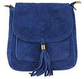 Made in Italy Damen Leder Tasche Messenger Bag Henkeltasche Wildleder Handtasche Umhängetasche Ledertasche Schultertasche Beuteltasche Fransen Cross-Over Jeansblau