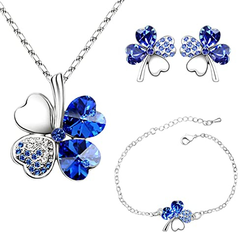 4 klöver halsband örhängen fyrklöver armband justerbart hänge kedja set persika hjärta strass kristall inlagda smycken för flickor kvinnor, unn tamaño, metall, kristall