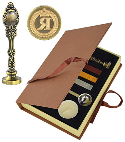 Hexint Vintage initialer bokstav vax sigill stämpel kit, retro klassisk tätning vax stämpel med metallhandtag presentförpackning set bronsfärg (senare R)