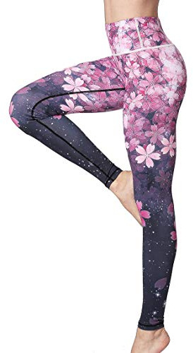 FLYILY Tryckta yogabyxor dam hög midja gym sport leggings magkontroll löpning träning kompression tights stretchmönstrade leggings, 2-körsbär, M