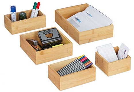 Relaxdays Förvaringslådor set om 5, lådor organisationssystem bambu, arrangör kök, badrum och kontor, olika storlekar, natur