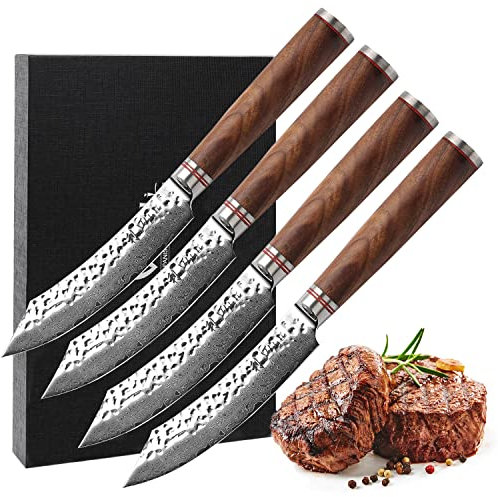 Wakoli Nussbaum Damast Steakmesser-Set | 4-teilig, 12,5 cm aus 67 Lagen Damaststahl mit VG10-Kern | ergonomischer Nussbaumholzgriff | für Steak & Fleisch | in Geschenkbox für Profi- & Hobbyköche