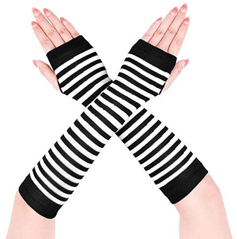 Geyoga Lange Armwärmer Gestreift Fingerlose Handschuhe für Frauen (Schwarz und Weiß)