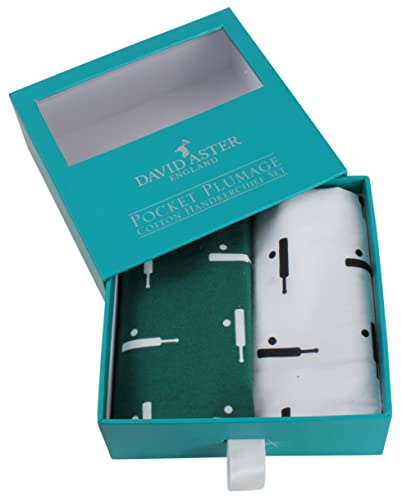 Set mit 2 David Aster Cricket-Taschentüchern/Einstecktüchern in einer praktischen Schubladenbox, je eins in grün und weiß – mit Cricketschläger und Ball über die Einstecktücher