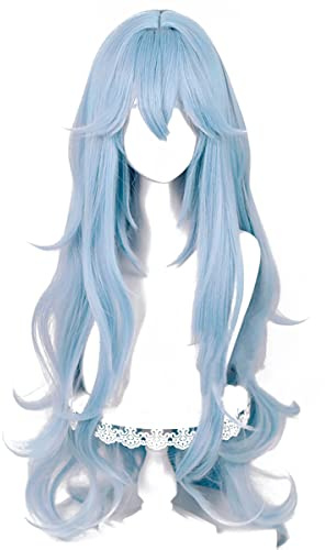 PWEINCY Blau Rei Cosplay Perücke Langhaar Frauen Lockige Halloween Party Perücken mit Pony