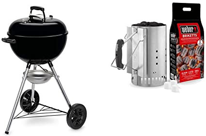 Weber Original Kettle Charcoal Grill Barbecue, 47cm | E-4710 BBQ Grill with Lid Cover, Thermometer, Stand & Rapidfire? Barbecue Chimney Starter Set | Aluminium BBQ Fire Starter Set