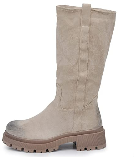 IF FASHION Stivali Stivaletti al Polpaccio Biker Scamosciato Da Donna Platform 6632 Beige N.39