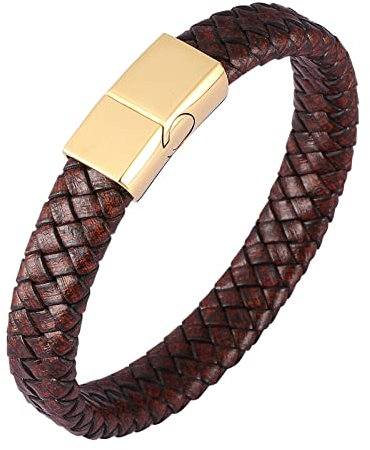 KnSam Armband Leder Junge, PU Leder Bettelarmband Charm Gewebt Armbänder Cool Edelstahl Handhandgelenk Kette Gold mit Magnet Verschluss, Länge 16.5CM Männer Geschenke